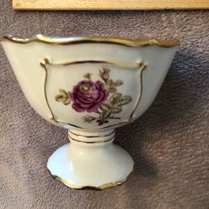 Porcelain Pedestal  Vintage Italian Pedestal Bowl with Purple Rose and Gold Trim